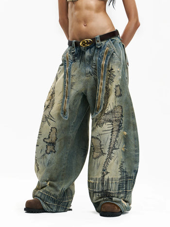 Personsoul Stain Embroidery Scimitar Jeans