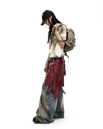 Personsoul Curved Denim Jeans with Detachable Leather Waist Strap