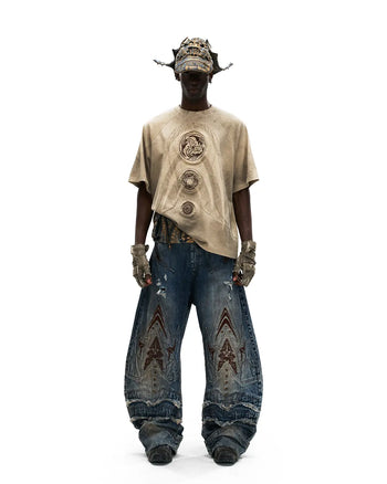 Personsoul Mythical Beast Face Curved Denim Jeans