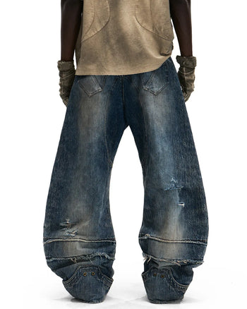 Personsoul Mythical Beast Face Curved Denim Jeans