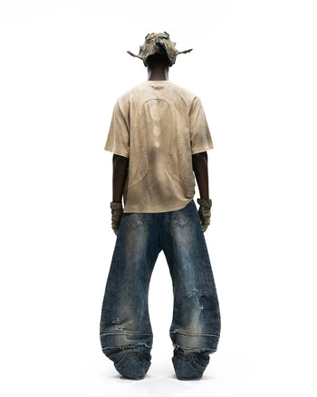 Personsoul Mythical Beast Face Curved Denim Jeans
