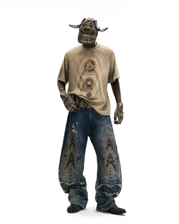 Personsoul Mythical Beast Face Curved Denim Jeans