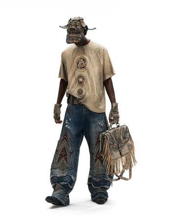 Personsoul Mythical Beast Face Curved Denim Jeans
