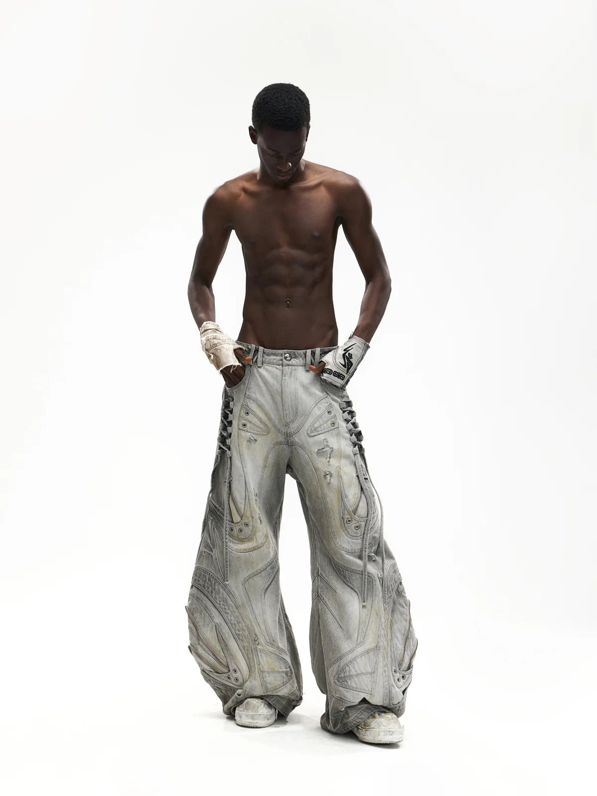 Deconstructed Flared Patchwork Denim Jeans White(HL6380) – personsoul Deconstructed Flared Patchwork Denim Jeans White(HL6380) – personsoul
