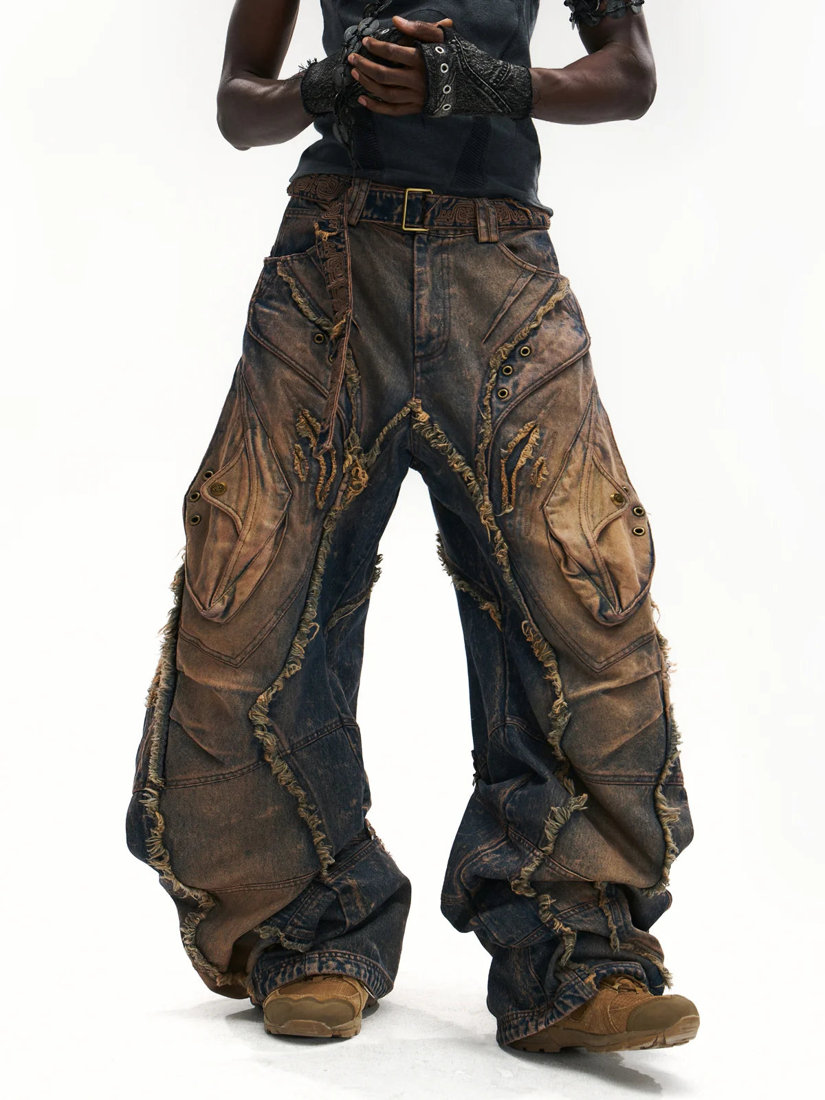 Vintage Wash Curved Leg Patchwork Jeans with Customizable Hem & Embroidery