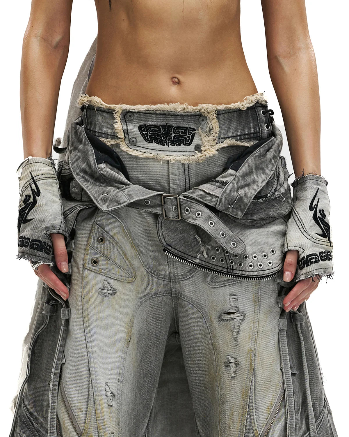 Personsoul Washed Embroidered Denim Gloves Gray