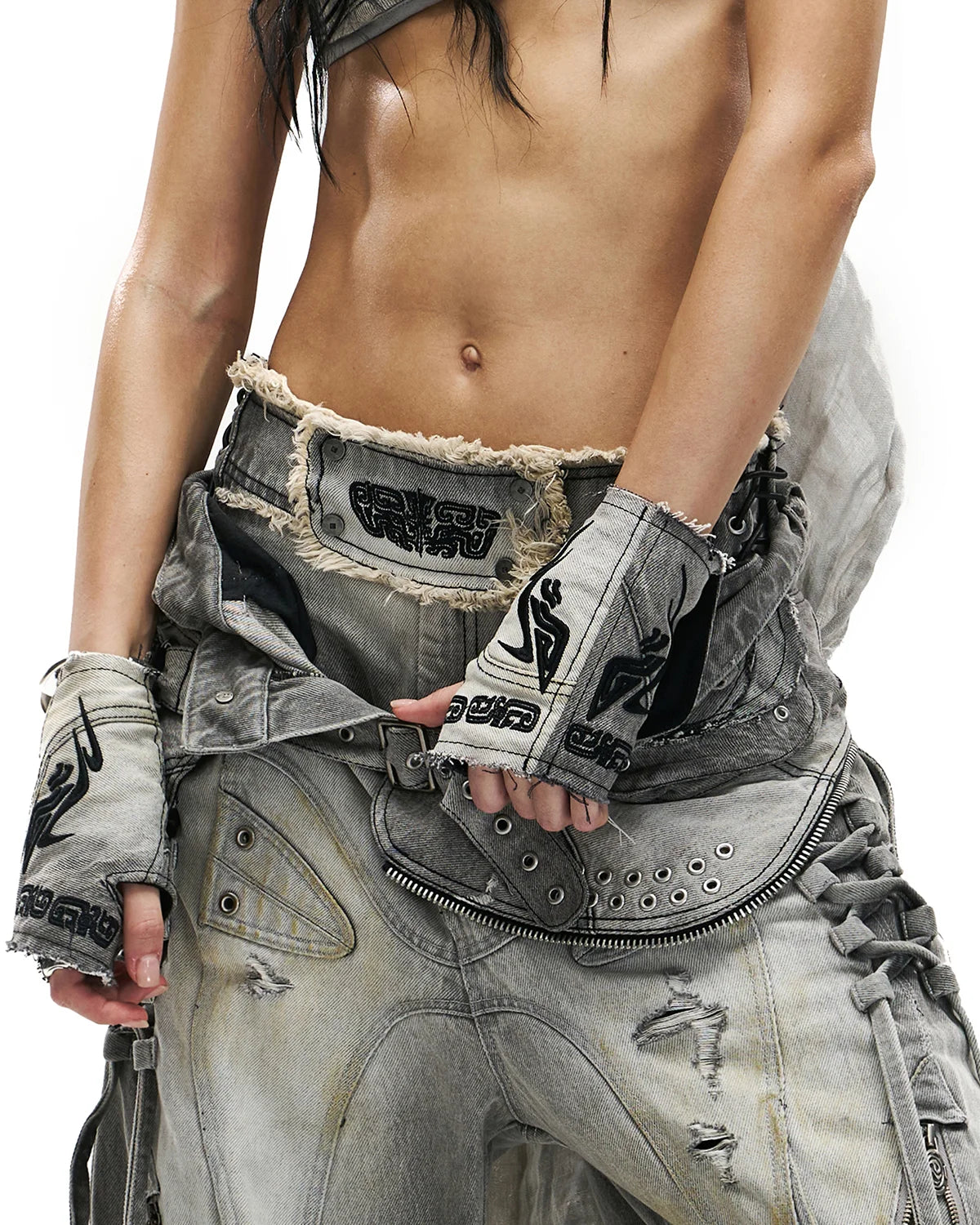 Personsoul Washed Embroidered Denim Gloves Gray