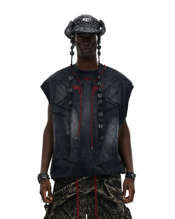 Personsoul Deconstructed Contrasting Embroidery Sleeveless T-Shirt In Black