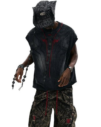 Personsoul Deconstructed Contrasting Embroidery Sleeveless T-Shirt In Black