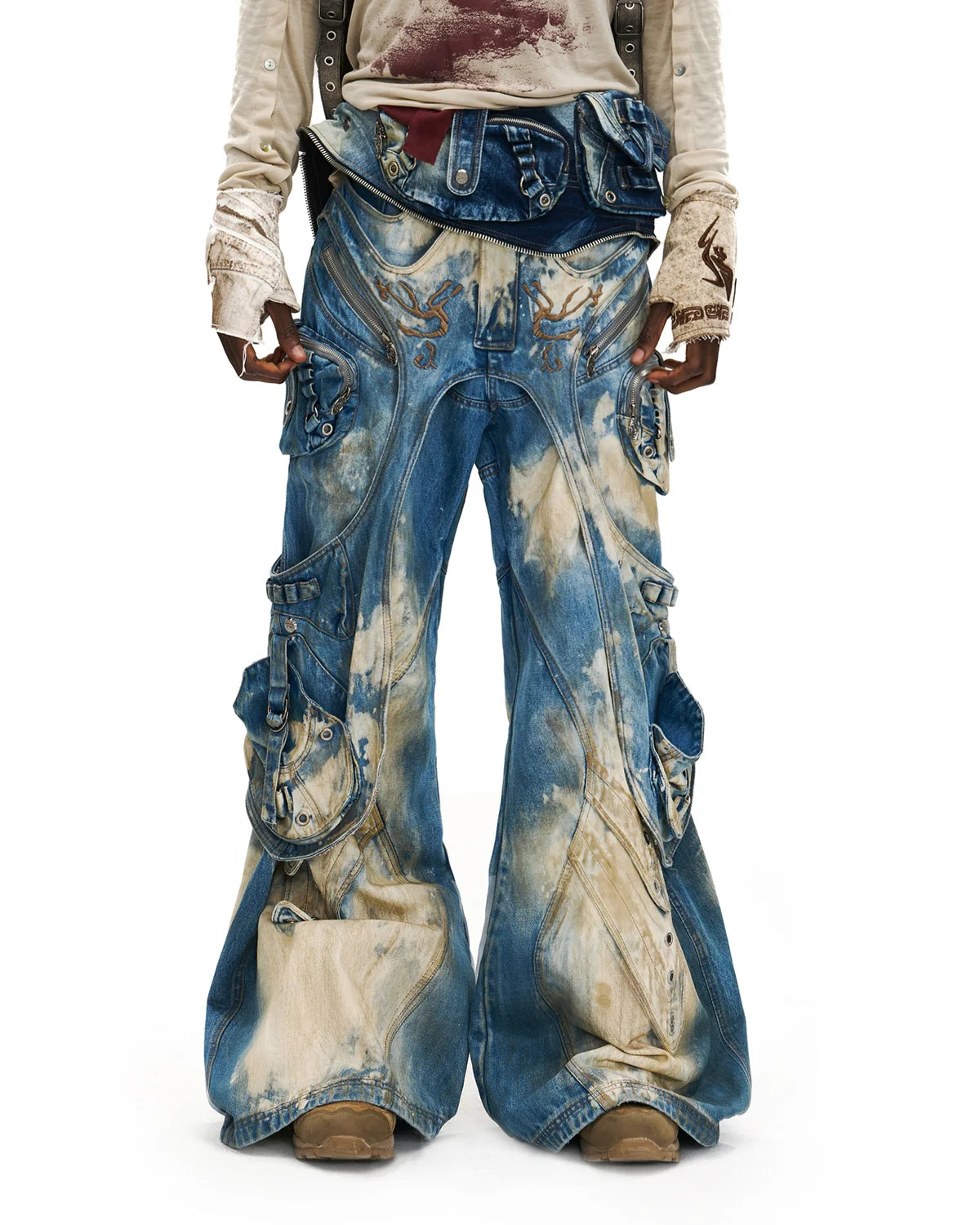 Personsoul Embroidered Blue-to-White Gradient Denim Jeans