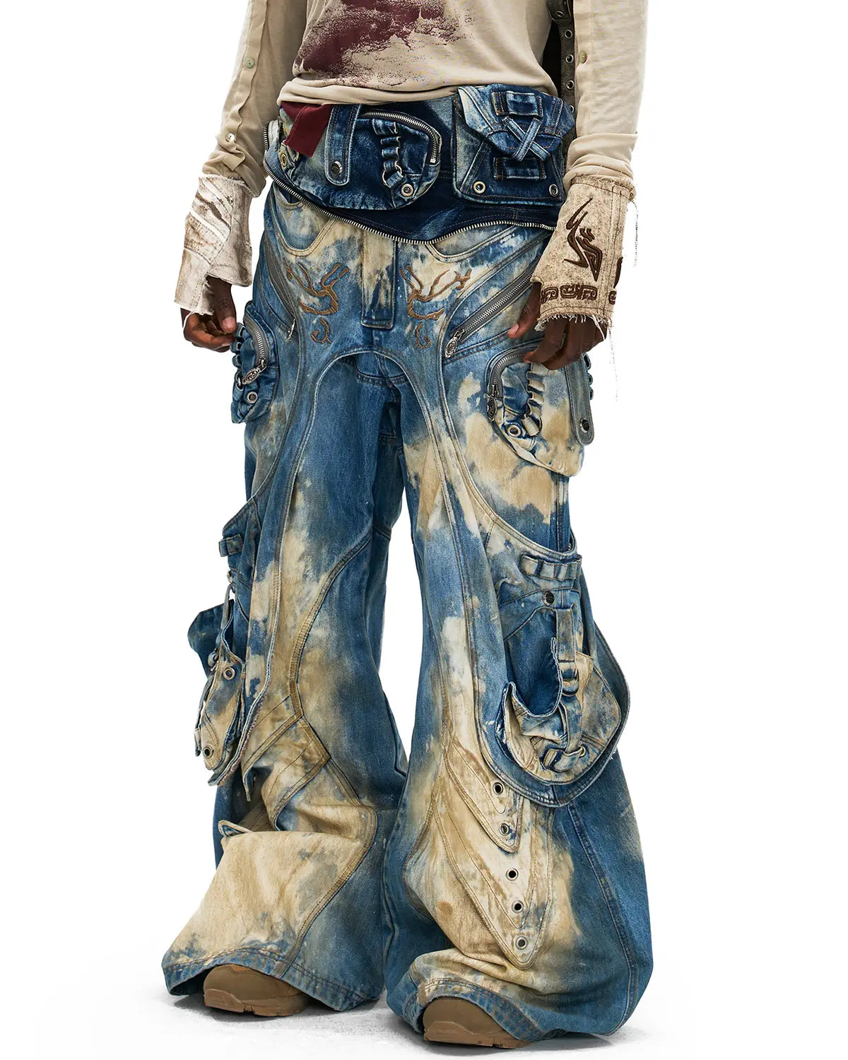 Personsoul Embroidered Blue-to-White Gradient Denim Jeans