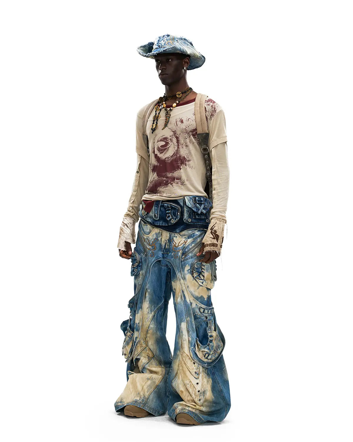 Personsoul Embroidered Blue-to-White Gradient Denim Jeans