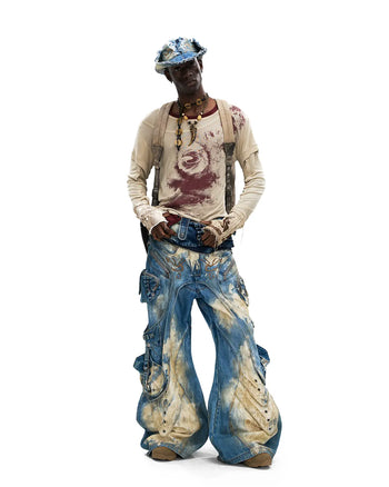 Personsoul Embroidered Blue-to-White Gradient Denim Jeans