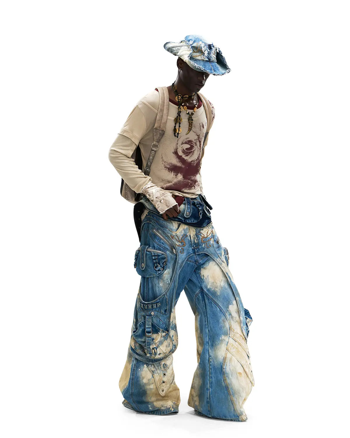 Personsoul Embroidered Blue-to-White Gradient Denim Jeans