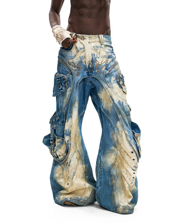 Personsoul Embroidered Blue-to-White Gradient Denim Jeans