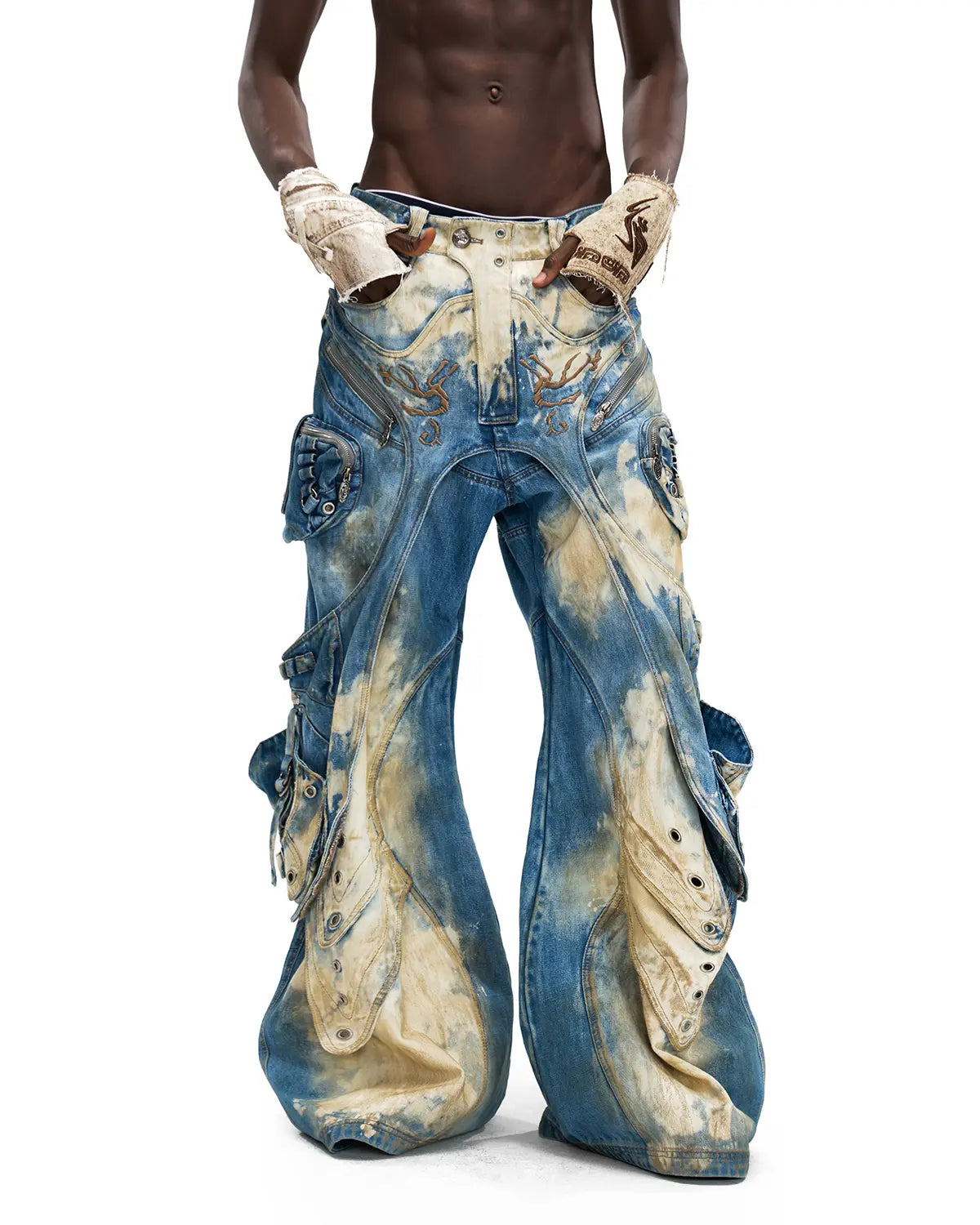 Personsoul Embroidered Blue-to-White Gradient Denim Jeans