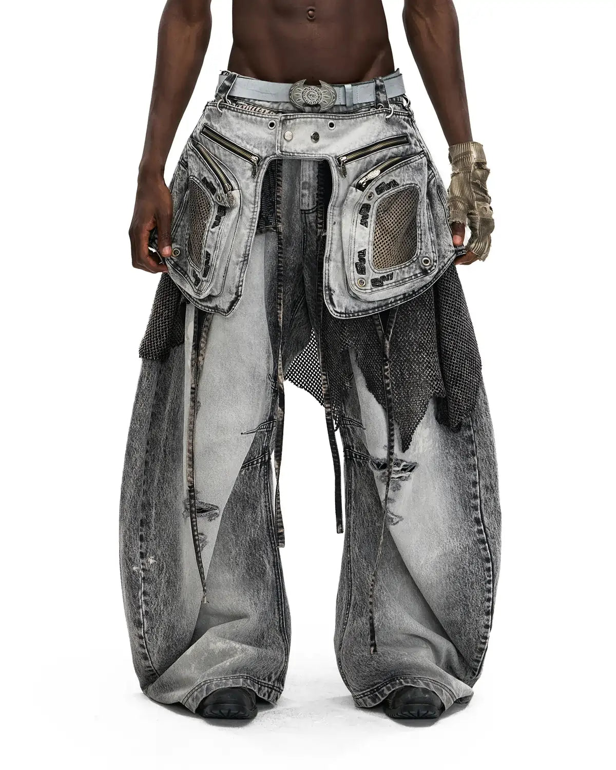 Personsoul Vintage Detachable Panel Curved-Leg Denim Jeans