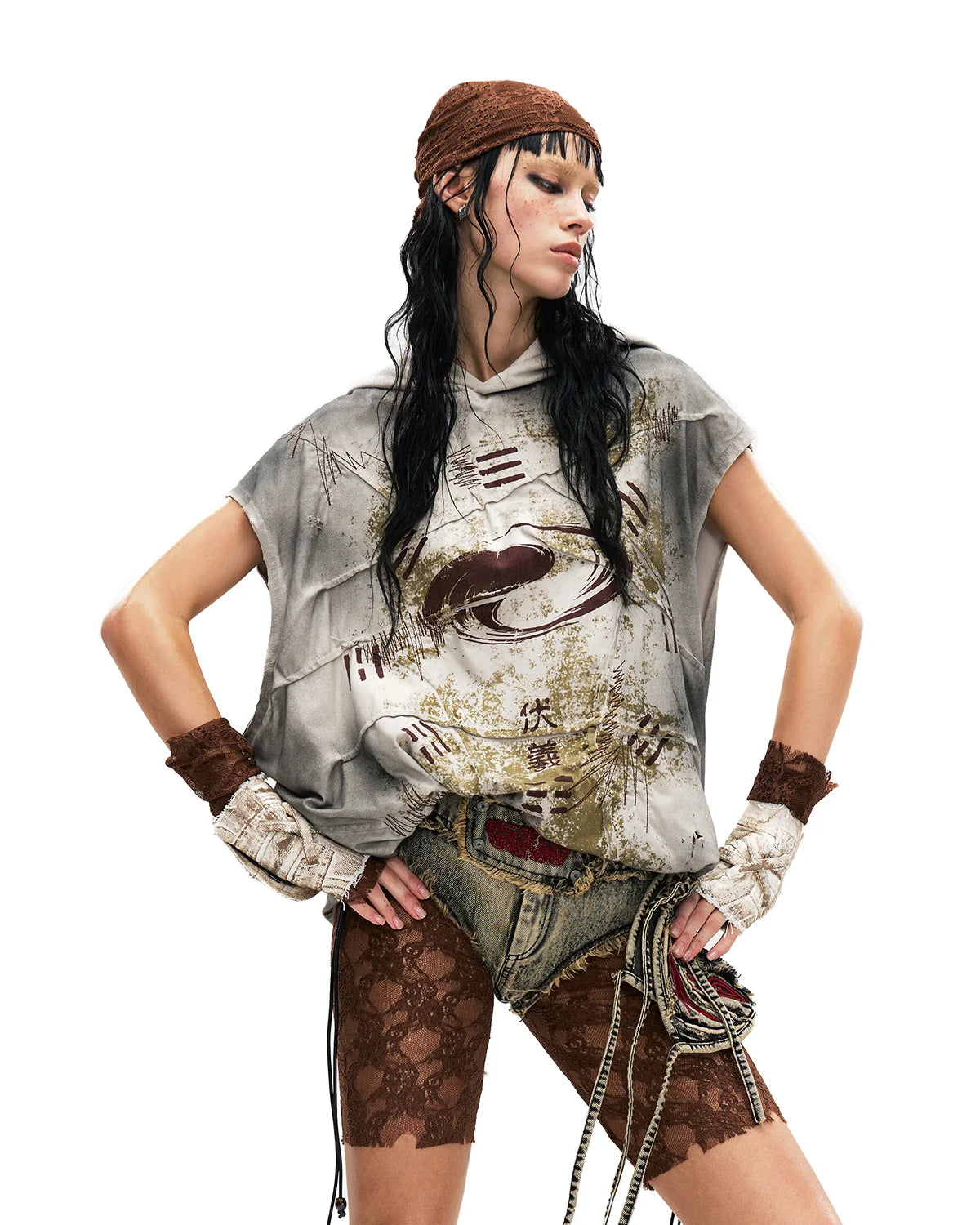 Personsoul Bagua Print Hooded Vest In Grey