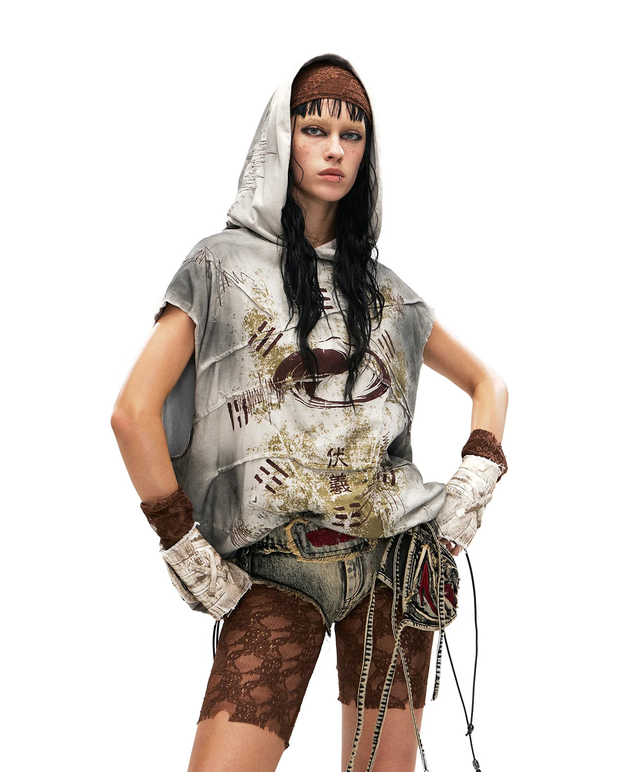 Personsoul Bagua Print Hooded Vest In Grey