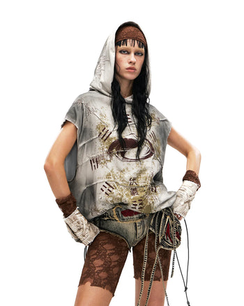 Personsoul Bagua Print Hooded Vest In Grey