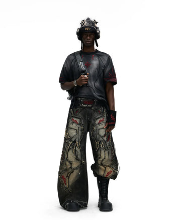 Personsoul Red-Embroidered Totem Wide-Leg Denim Jeans