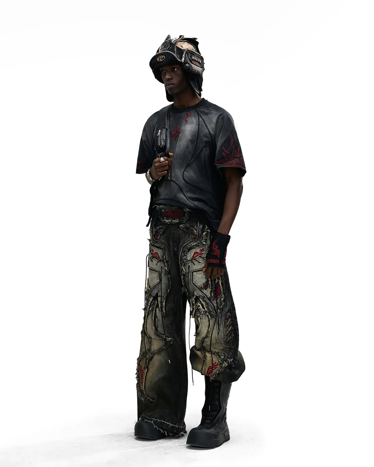 Personsoul Red-Embroidered Totem Wide-Leg Denim Jeans