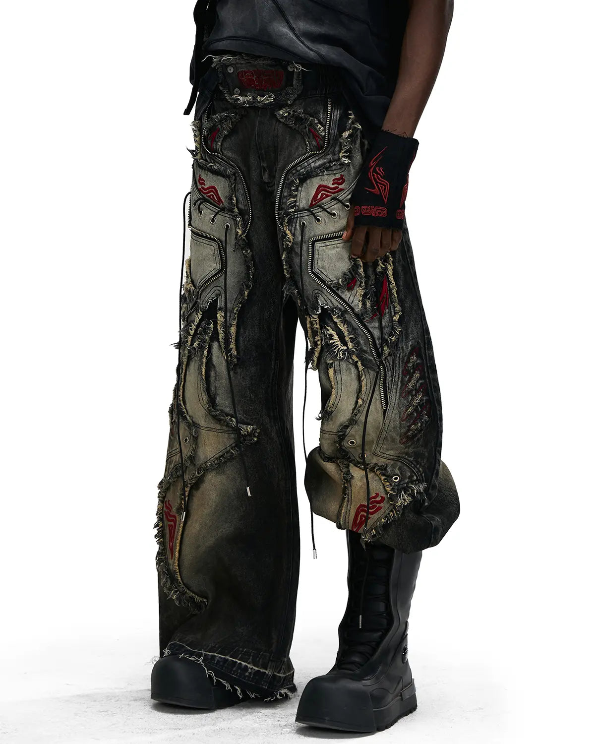 Personsoul Red-Embroidered Totem Wide-Leg Denim Jeans