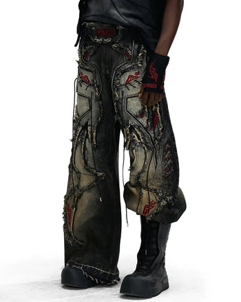 Personsoul Red-Embroidered Totem Wide-Leg Denim Jeans