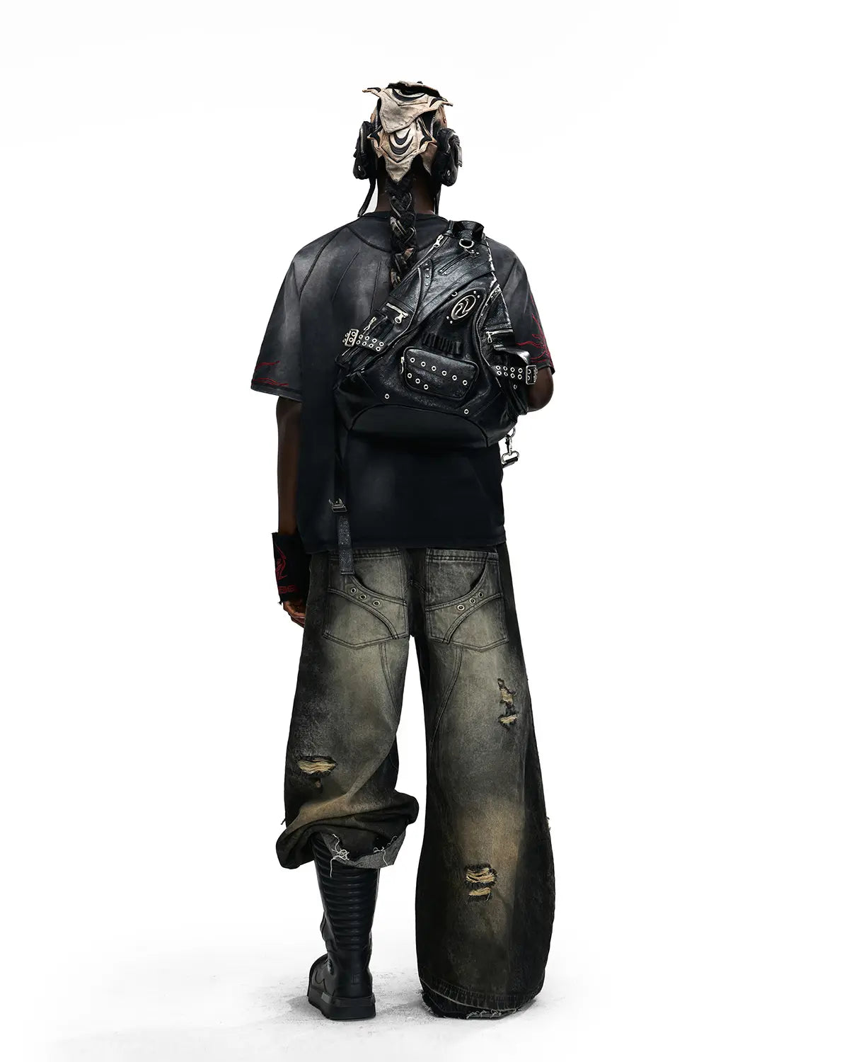 Personsoul Red-Embroidered Totem Wide-Leg Denim Jeans