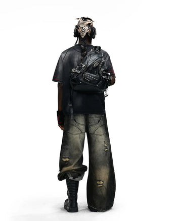 Personsoul Red-Embroidered Totem Wide-Leg Denim Jeans