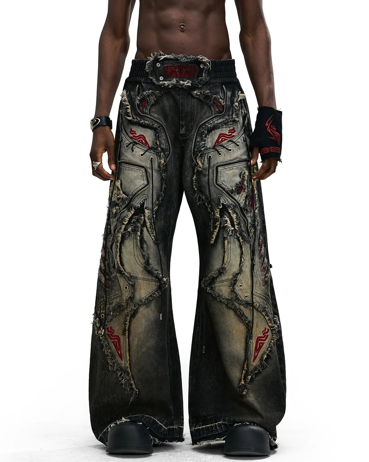 Personsoul Red-Embroidered Totem Wide-Leg Denim Jeans 6424
