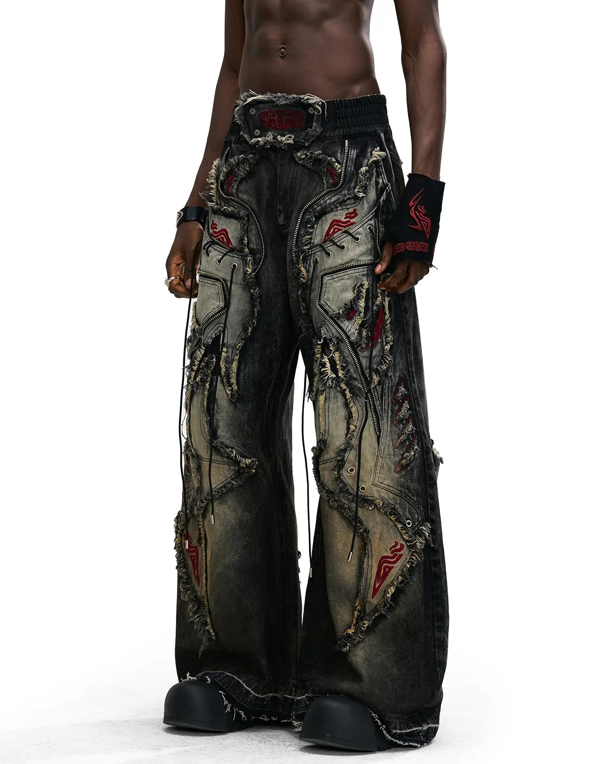 Personsoul Red-Embroidered Totem Wide-Leg Denim Jeans