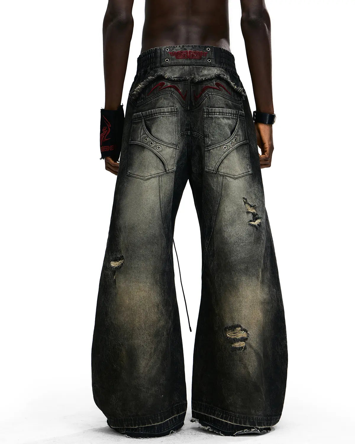 Personsoul Red-Embroidered Totem Wide-Leg Denim Jeans