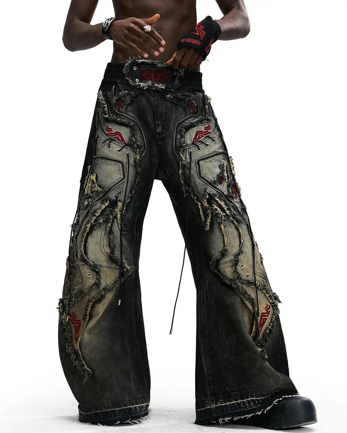 Personsoul Red-Embroidered Totem Wide-Leg Denim Jeans