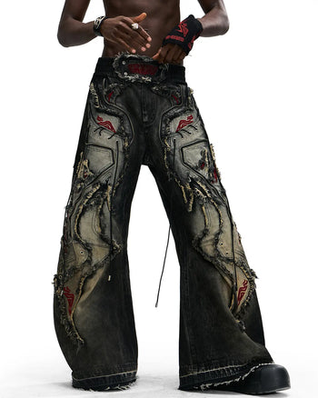 Personsoul Red-Embroidered Totem Wide-Leg Denim Jeans