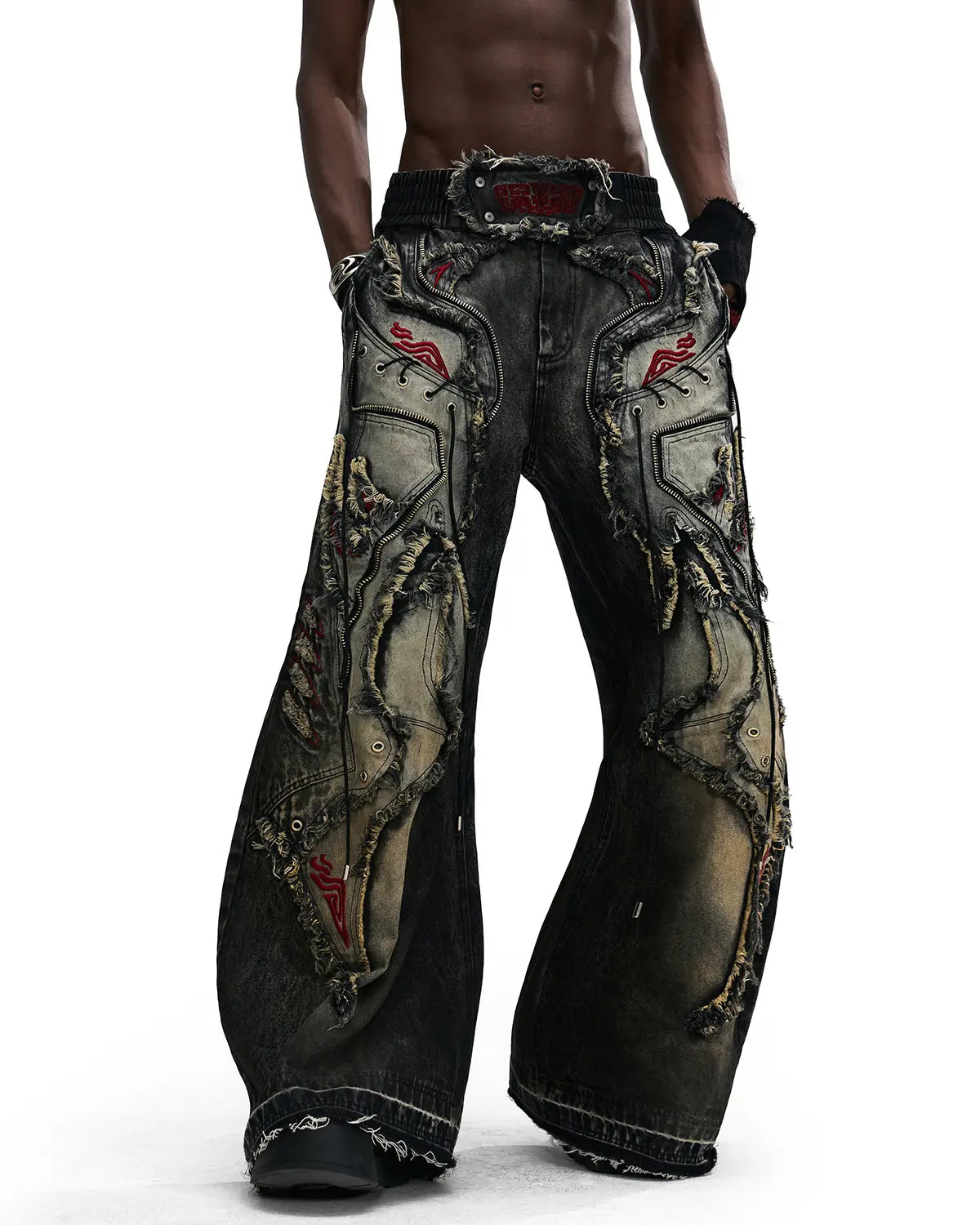 Personsoul Red-Embroidered Totem Wide-Leg Denim Jeans