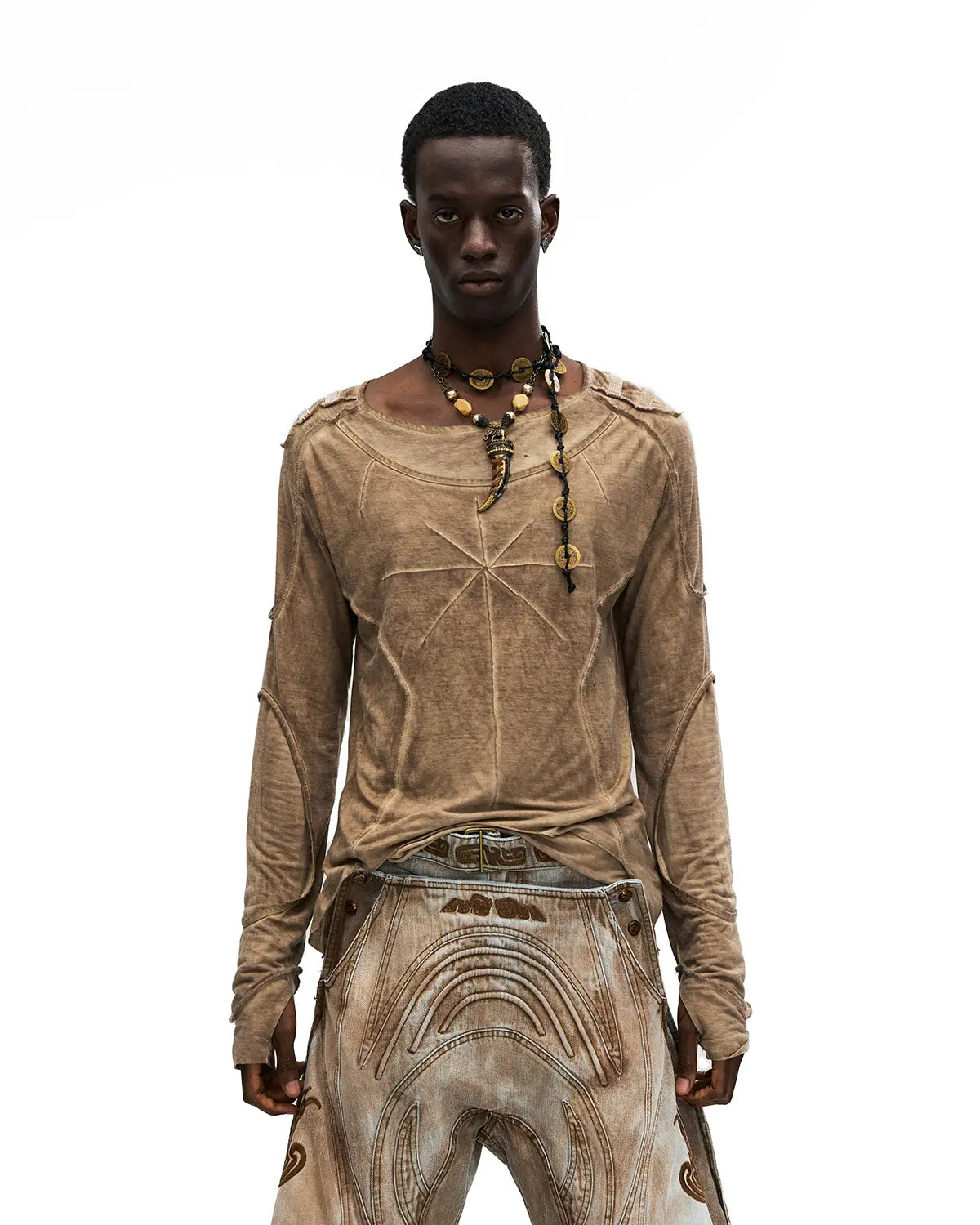 Personsoul Deconstructed Faux-Layer Long-Sleeve T-Shirt In Brown
