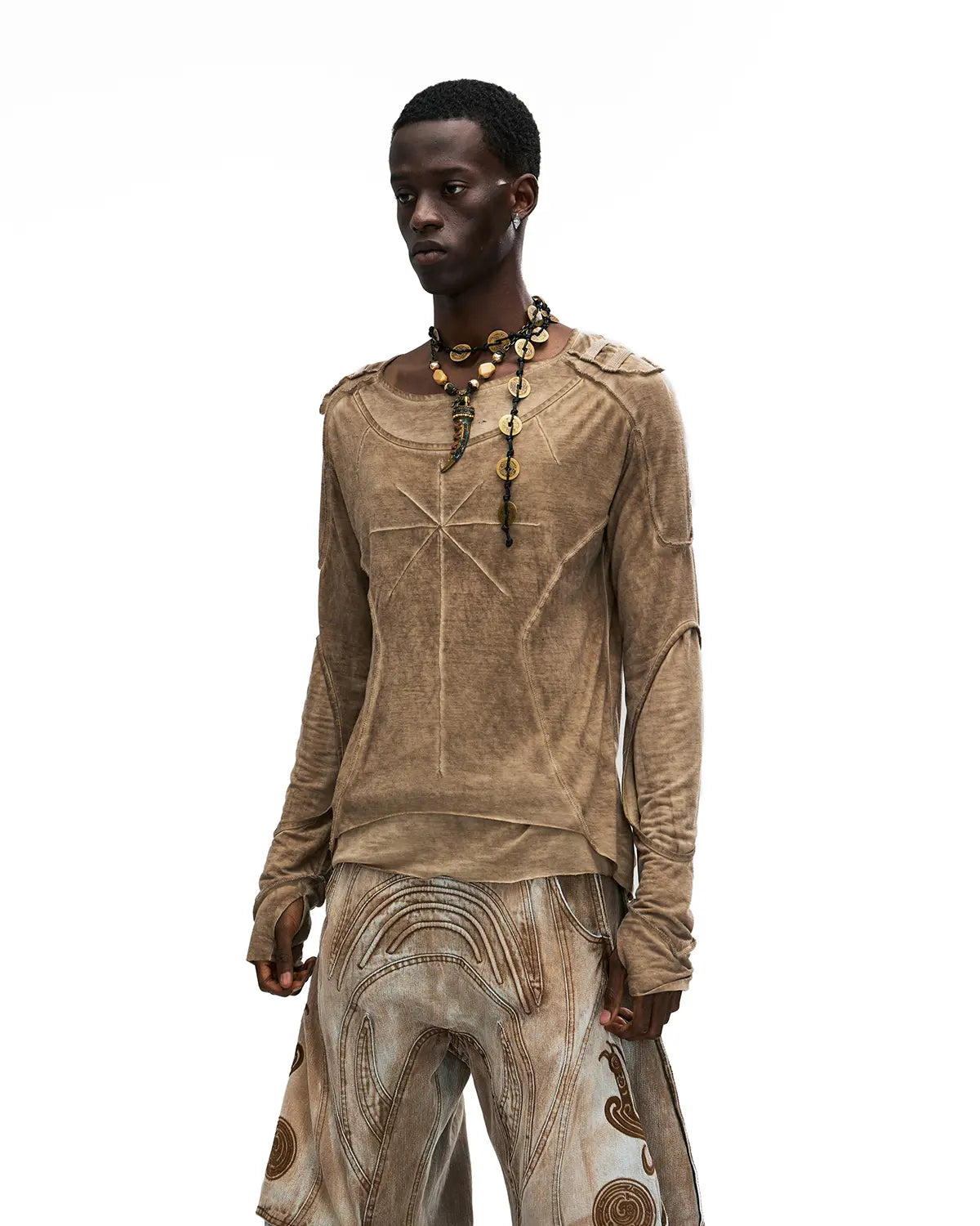 Personsoul Deconstructed Faux-Layer Long-Sleeve T-Shirt In Brown