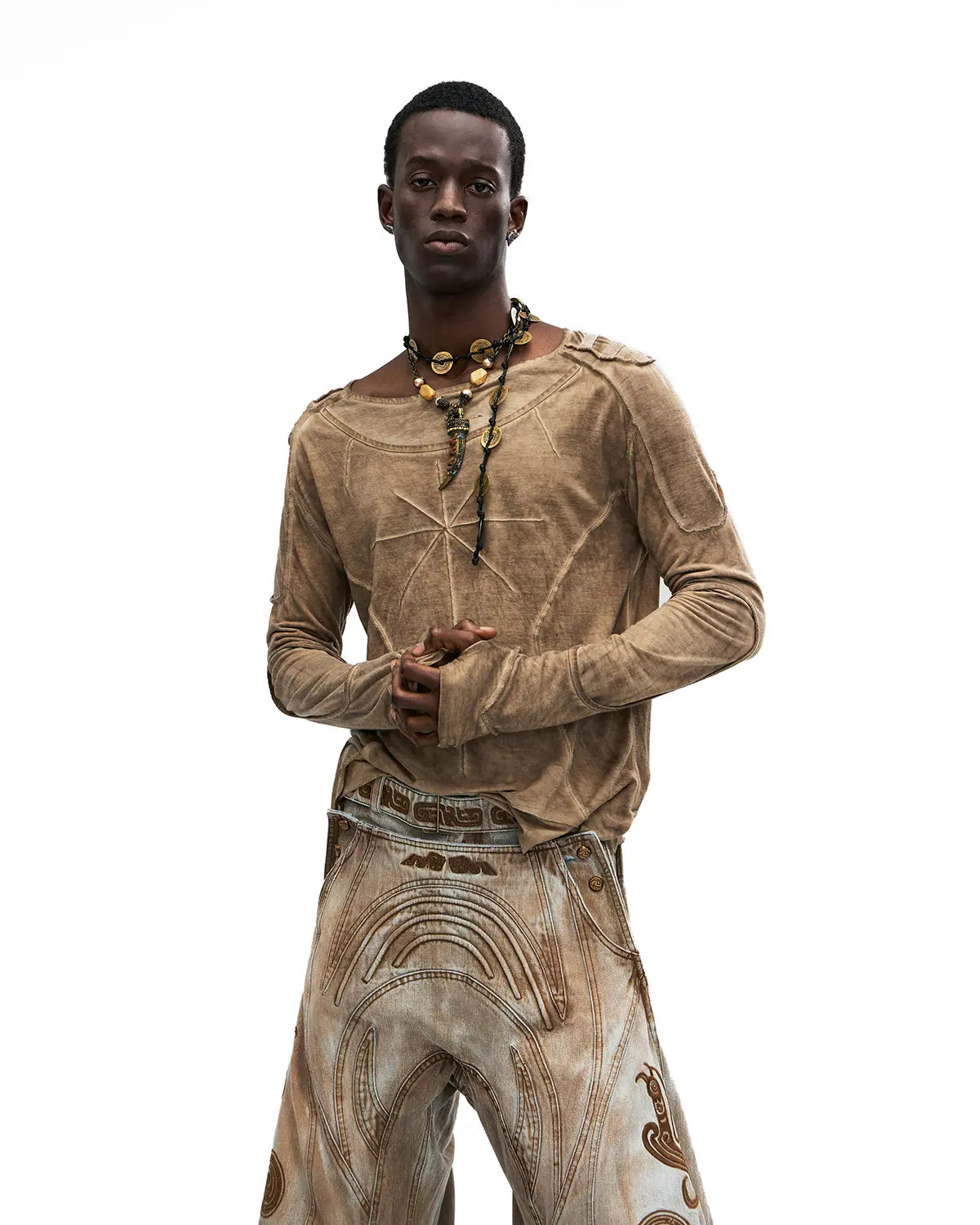 Personsoul Deconstructed Faux-Layer Long-Sleeve T-Shirt In Brown