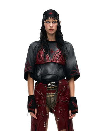 Personsoul Embroidered Mythical Beast Motif Bikini Top In Red