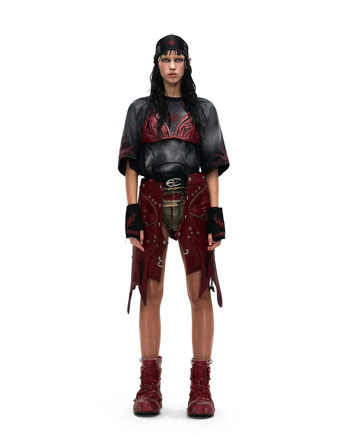 Personsoul Embroidered Mythical Beast Motif Bikini Top In Red