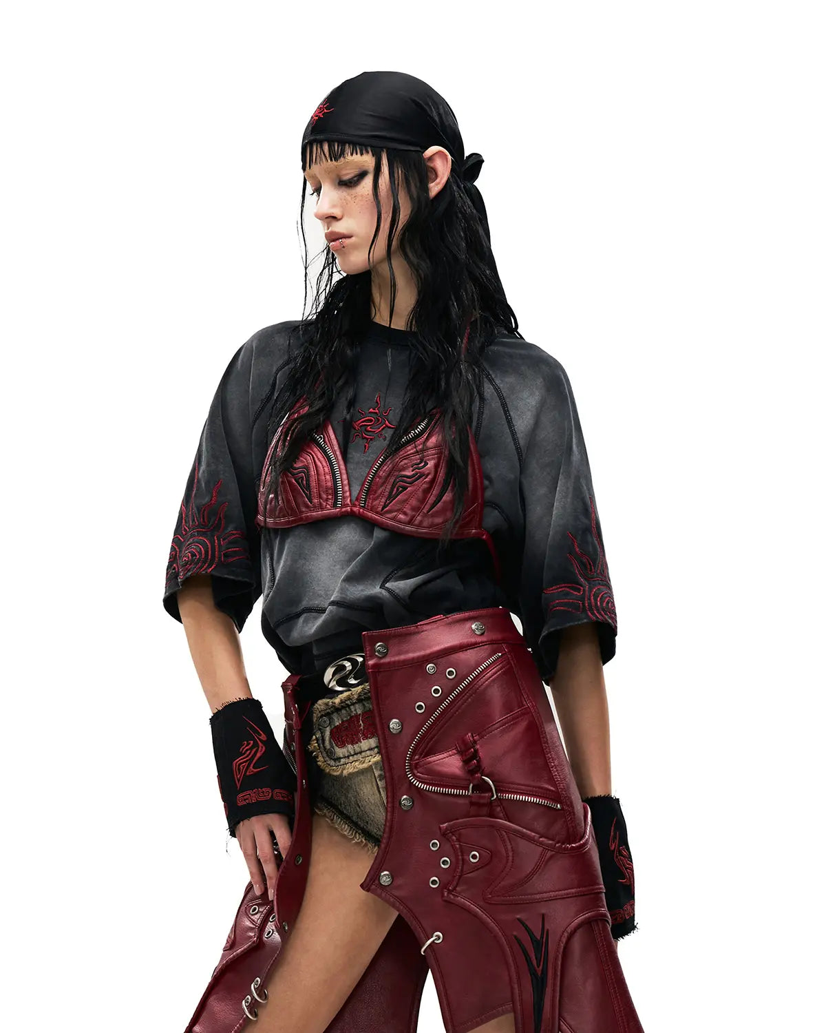 Personsoul Embroidered Mythical Beast Motif Bikini Top In Red