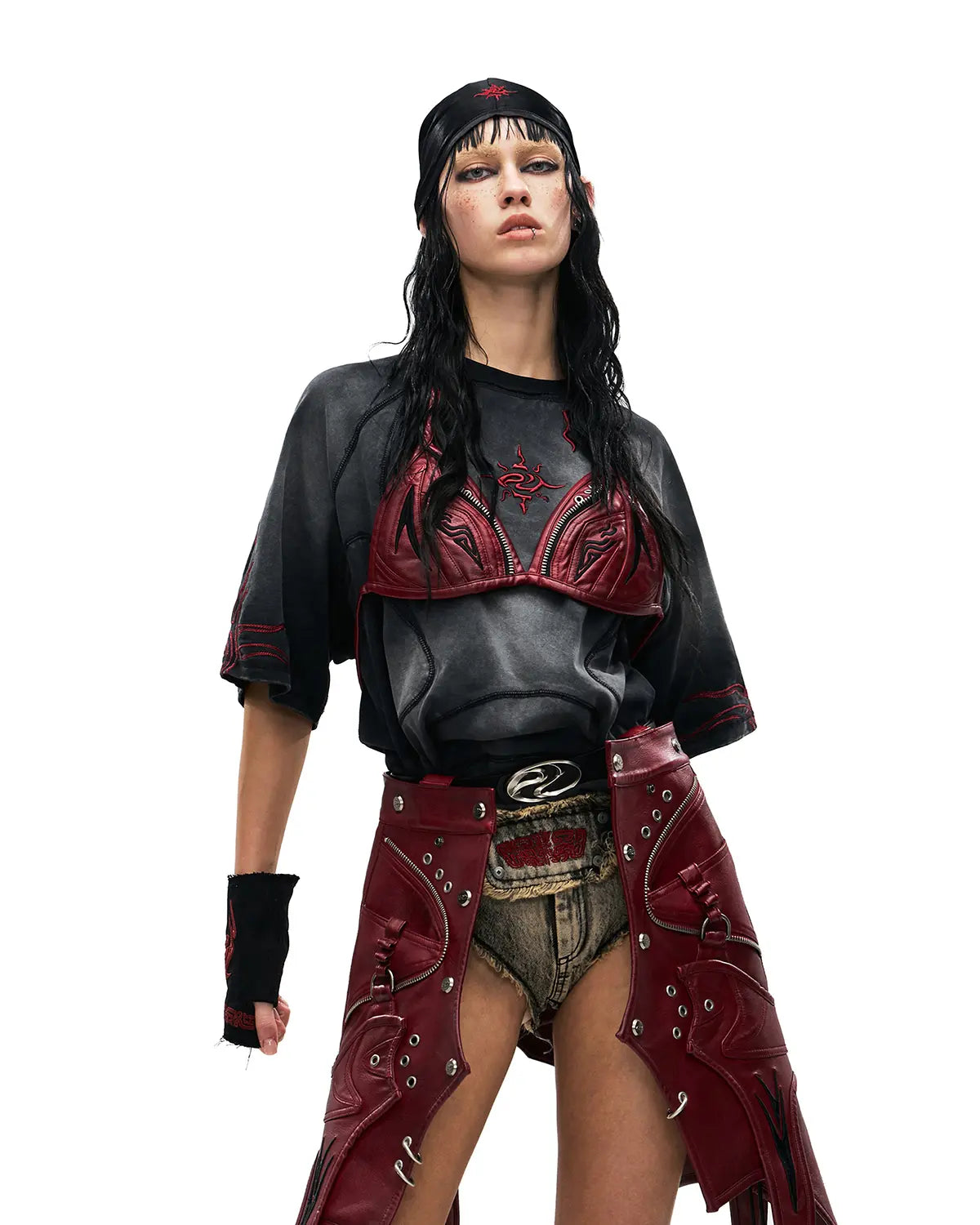 Personsoul Embroidered Mythical Beast Motif Bikini Top In Red