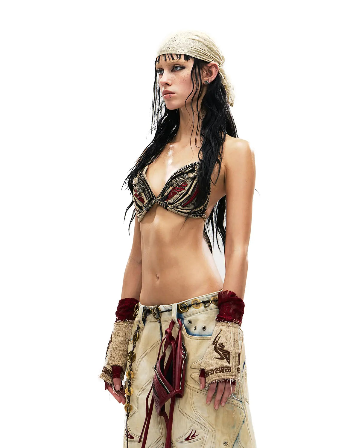 Personsoul Embroidered Mythical Beast Motif Bikini Top In Black