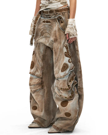 Personsoul Vintage Earth-Tone Faux-Layer Curved Jeans