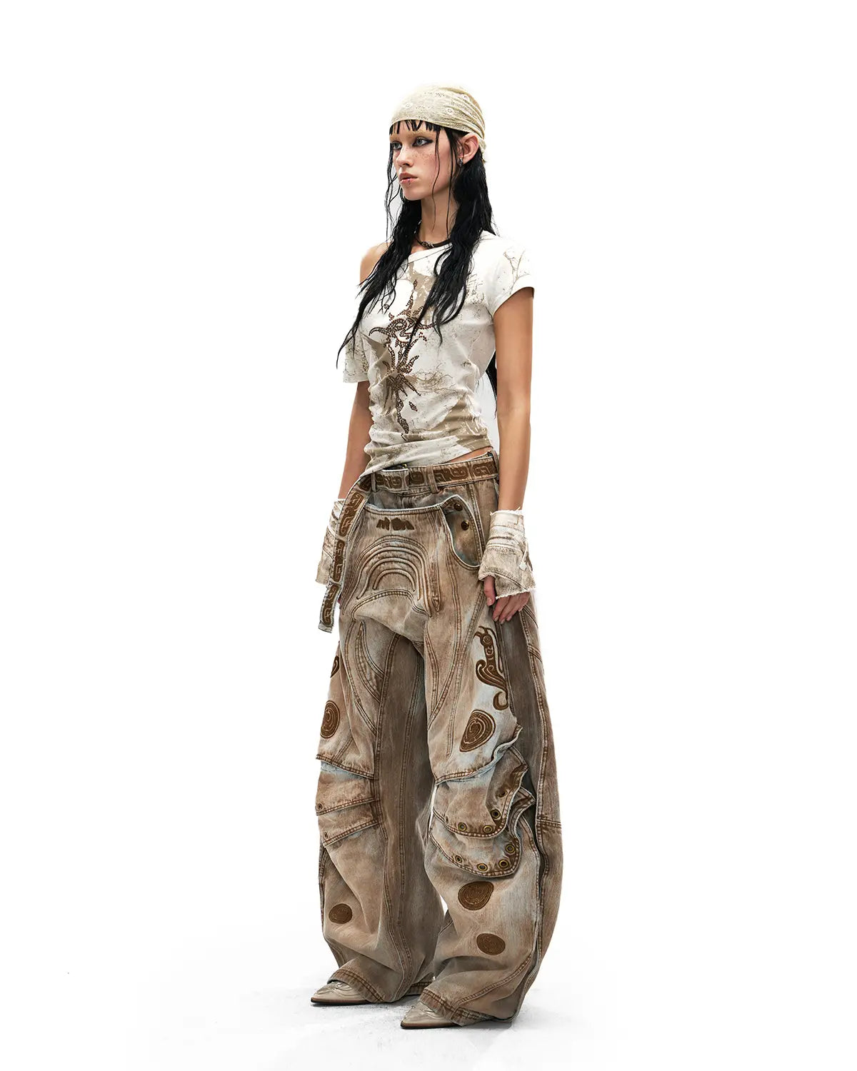 Personsoul Vintage Earth-Tone Faux-Layer Curved Jeans