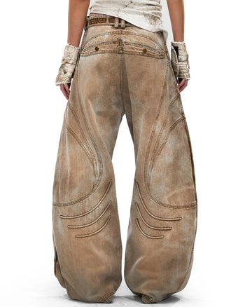 Personsoul Vintage Earth-Tone Faux-Layer Curved Jeans