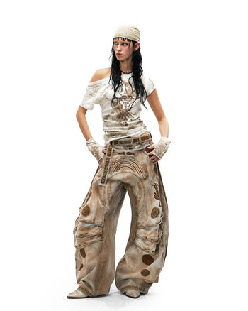 Personsoul Vintage Earth-Tone Faux-Layer Curved Jeans