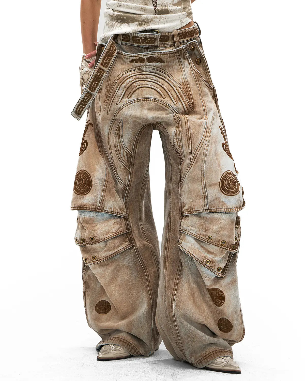 Personsoul Vintage Earth-Tone Faux-Layer Curved Jeans