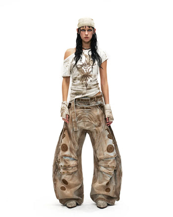 Personsoul Vintage Earth-Tone Faux-Layer Curved Jeans